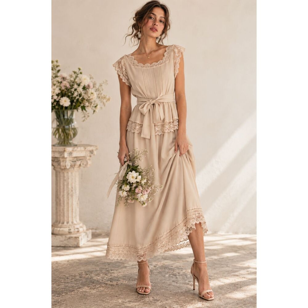 Vintage 1980s Albert Capraro Lace Midi Dress Victorian Cream USA Made 8